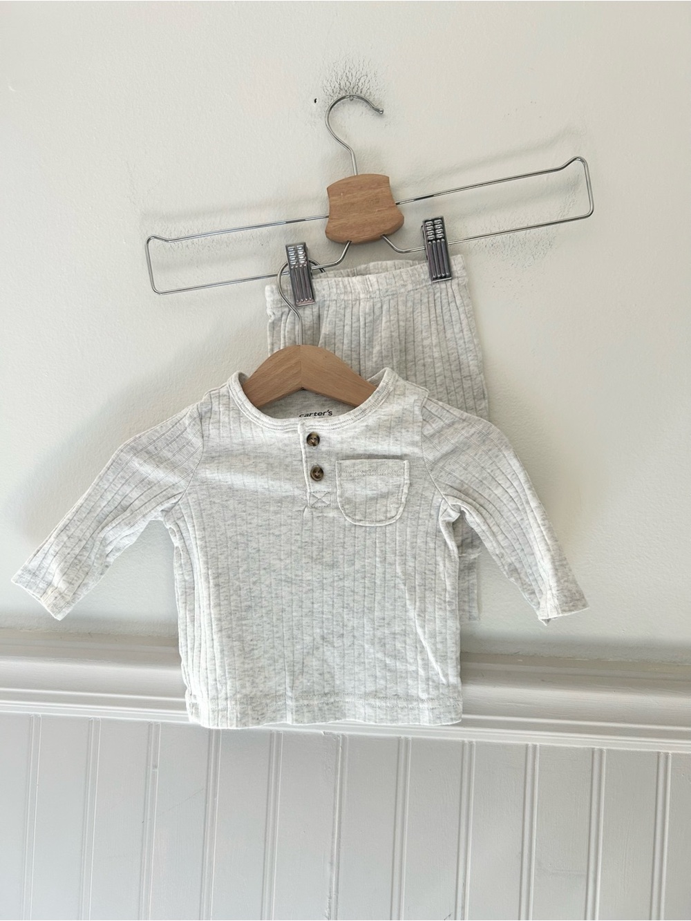 Carter's 0-3 Months Gray Ribbed Long-Sleeve Henley Top & Pants Set